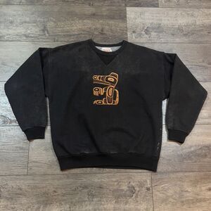 Vintage 90s Fuzzy Stonewash Native American Black Distressed Sweatshirt - Small